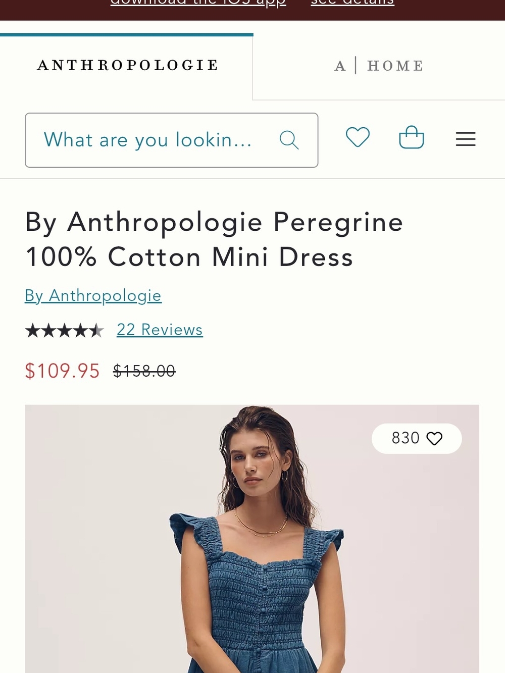 Anthropologie Blue Smocked Cotton Mini Dress with Ruffle Straps Size XS